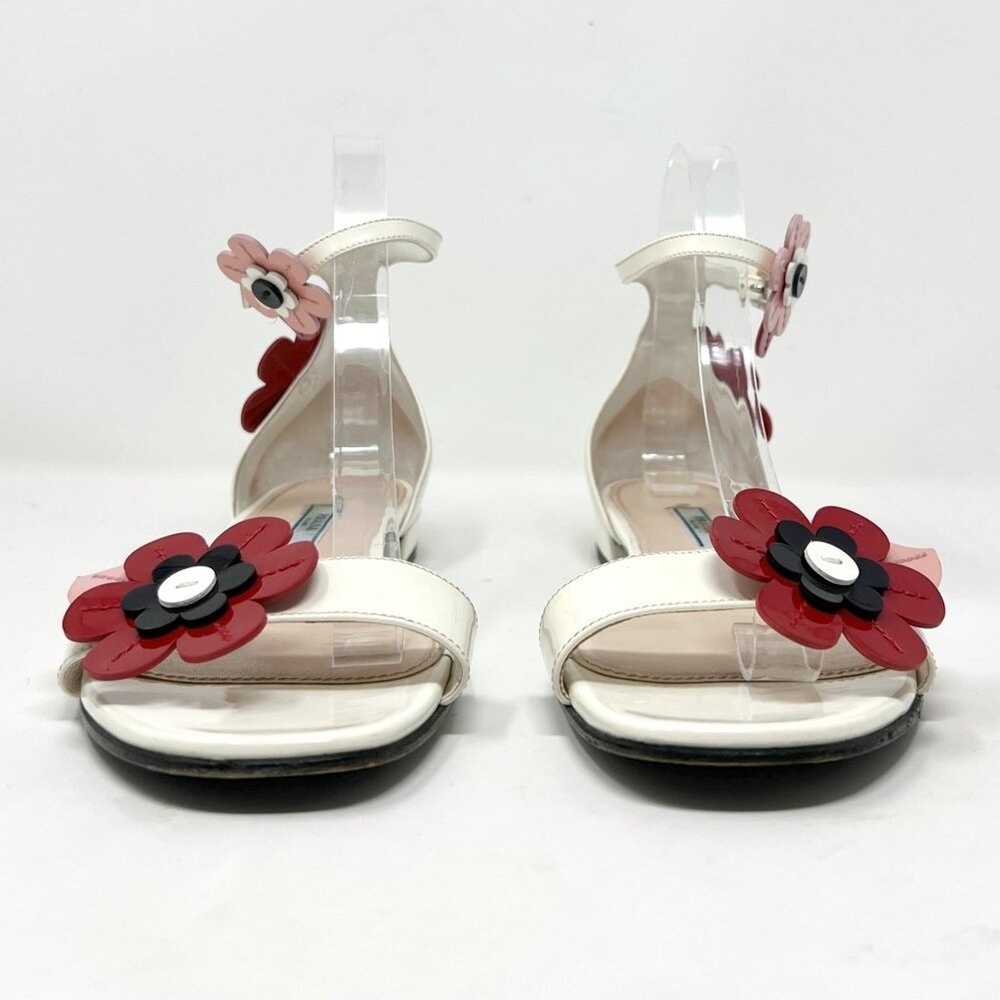 Prada Floral Sandals Patent Leather Ivory Ankle Strap Flats 39 - Picture 3 of 9